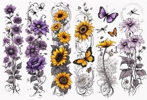 Arm sleeve, sunflowers, dragonflies, three cosmos flower, one violet, one carnation, vines , leaves, butterflies and bees tattoo idea