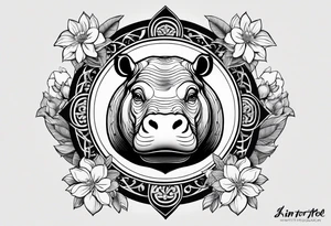 Very asymmetrical, +geometric pattern, with realistic full moon, with seeious looking hippo, +zen feel, + Buddhism touch,
with wintersweet flower bud, +portrait orientation, +inkart touch, tattoo idea