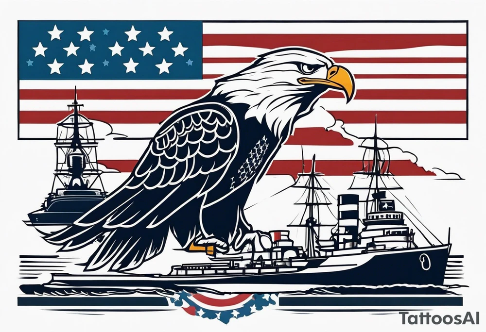 eagle flying in front of battleship holding American flag in beak tattoo idea