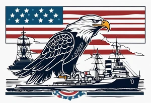eagle flying in front of battleship holding American flag in beak tattoo idea