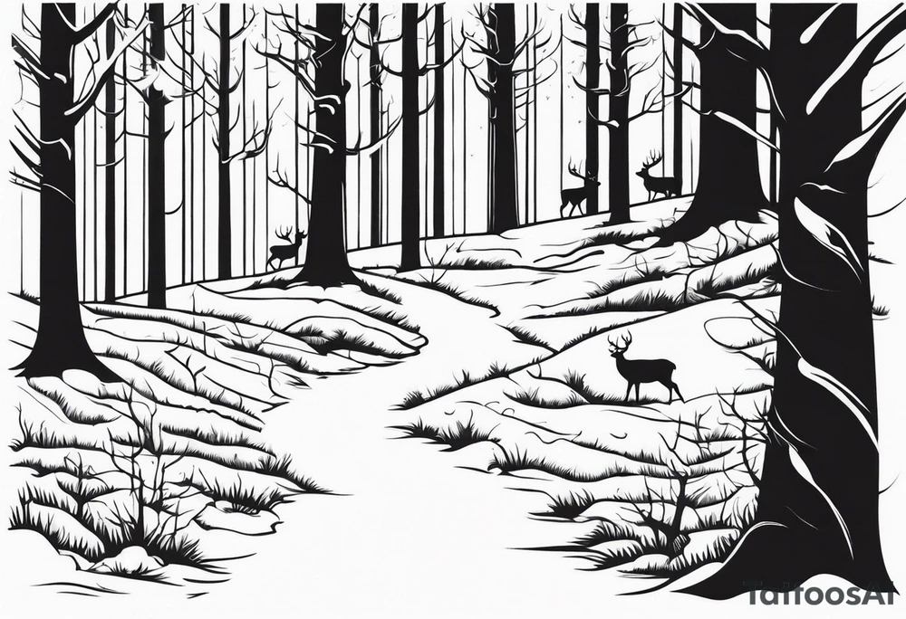 forrest scene with turkey tracks and deer antlers along the trees tattoo idea