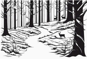 forrest scene with turkey tracks and deer antlers along the trees tattoo idea