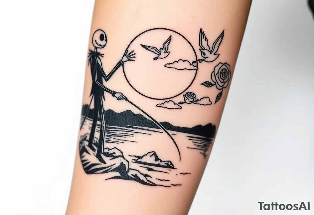jack skellington fishing at river ,waving to angels in sky, roses, clouds tattoo idea