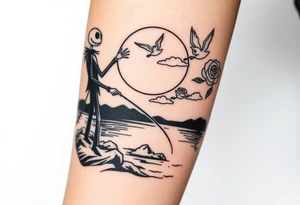 jack skellington fishing at river ,waving to angels in sky, roses, clouds tattoo idea