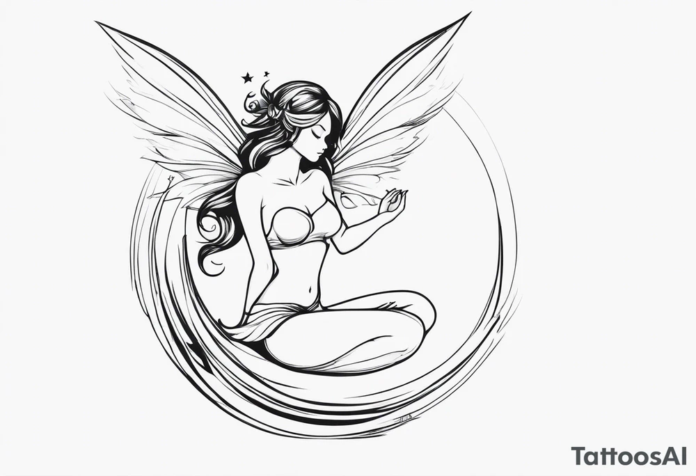 Minimalistic, monochromatic fairy with a tail flying to the left in a fetal position, leaning and looking in the same direction, with visible hands, embodying the 'Fairy Tail' logo aesthetic. tattoo idea