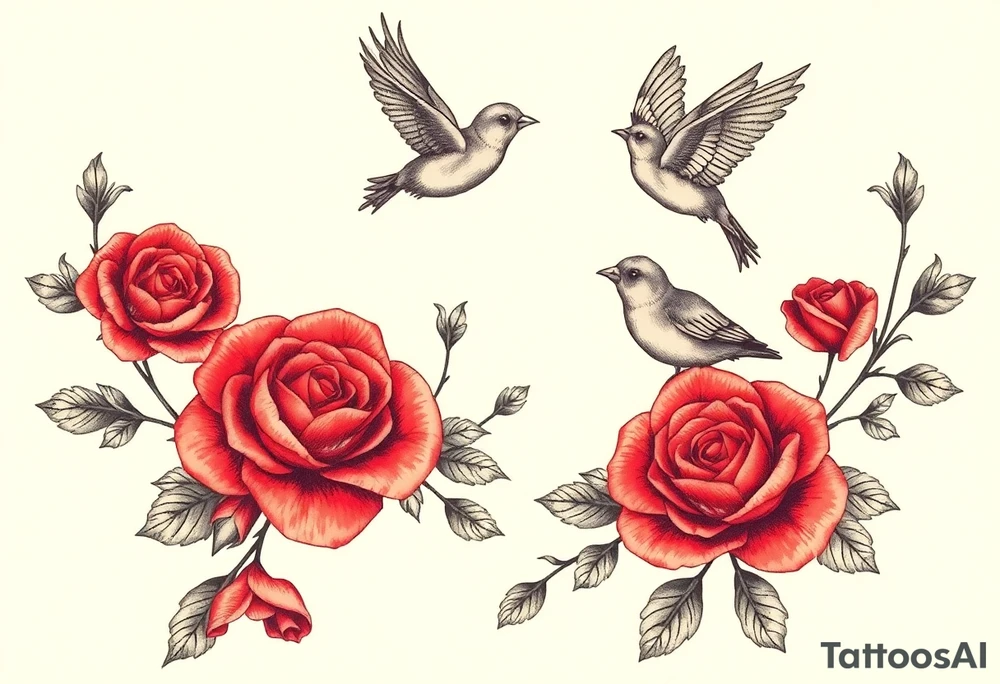 Vintage lace, red roses, red birds, vintage tattoo idea