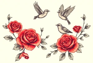 Vintage lace, red roses, red birds, vintage tattoo idea