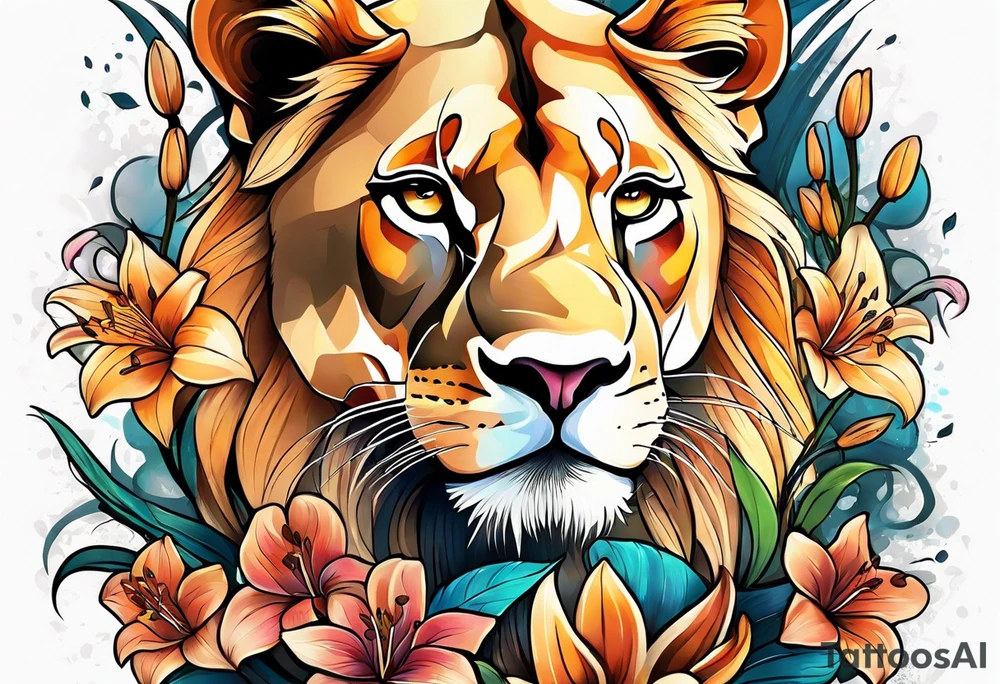 Lioness with lilies and color all over tattoo idea