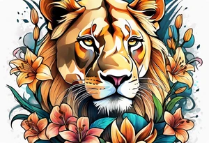 Lioness with lilies and color all over tattoo idea