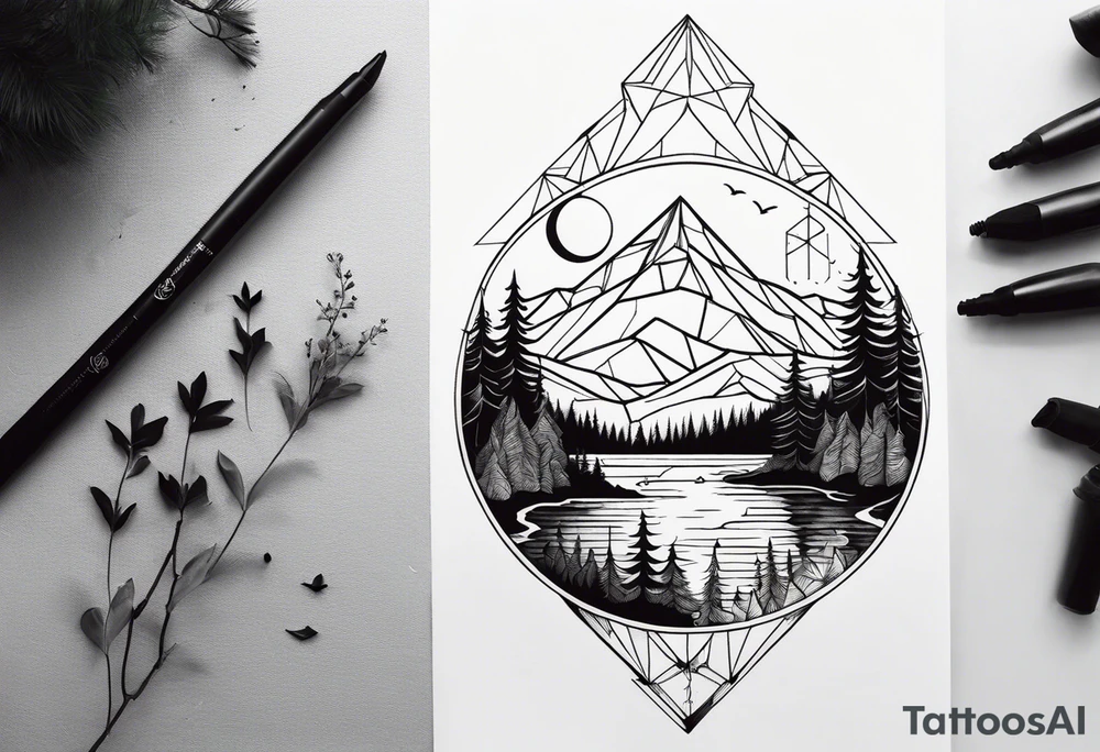 Geometric nature tattoo with moutains, lake, forest, birds and a moon. Should fit on the forearm. tattoo idea