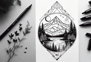 Geometric nature tattoo with moutains, lake, forest, birds and a moon. Should fit on the forearm. tattoo idea