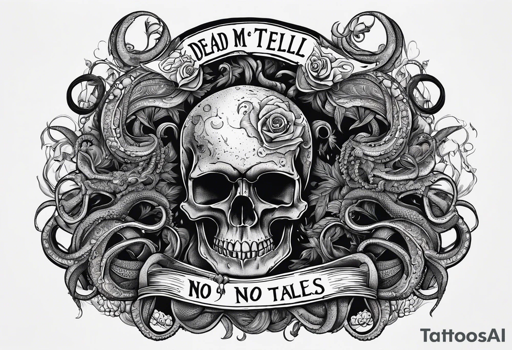 Skull with tentacles and text that  “Dead men tell no tales” tattoo idea