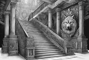 a staircase to valhalla with a big face of  the god Odin at its end. On the side of the stair is a pack ow wolves. Also add in a a pair of doves and two ravens tattoo idea