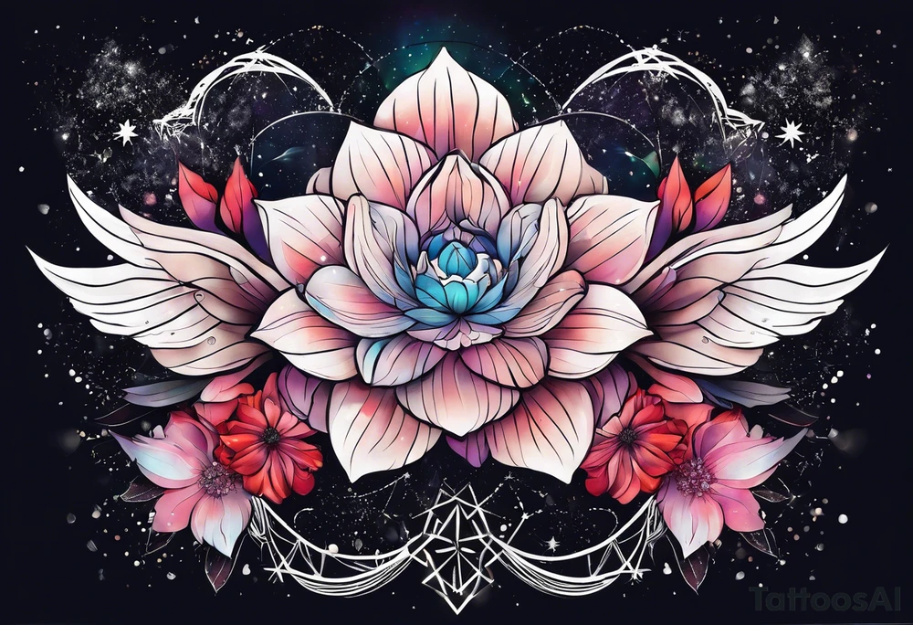 Constellation, wing , snow , géométric , flower tattoo idea