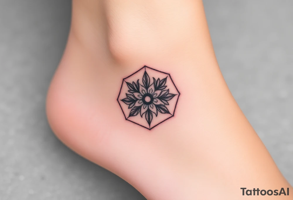 Faint Hexagon with astrological sign for Leo, larkspur and water lilies in the center tattoo idea