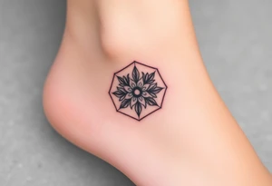 Faint Hexagon with astrological sign for Leo, larkspur and water lilies in the center tattoo idea