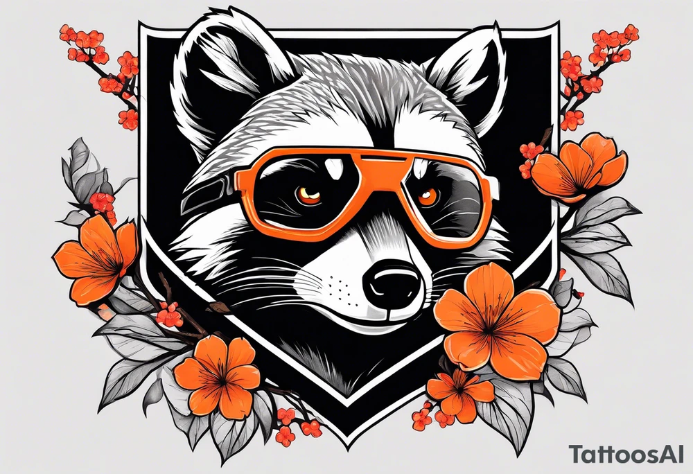 Raccoon wearing a white Superman logo on a black hoodie and orange Japanese cherry blossoms tattoo idea