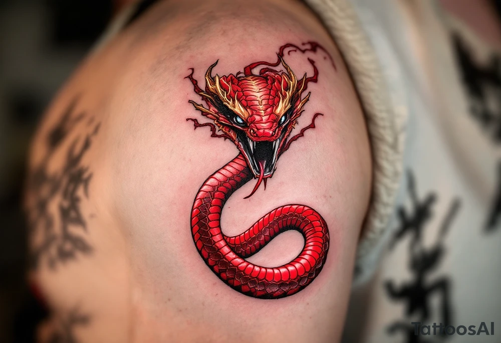 A scarlet red cobra, poised to strike, with golden hood markings and obsidian eyes. tattoo idea