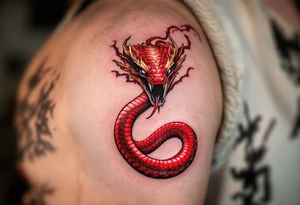 A scarlet red cobra, poised to strike, with golden hood markings and obsidian eyes. tattoo idea