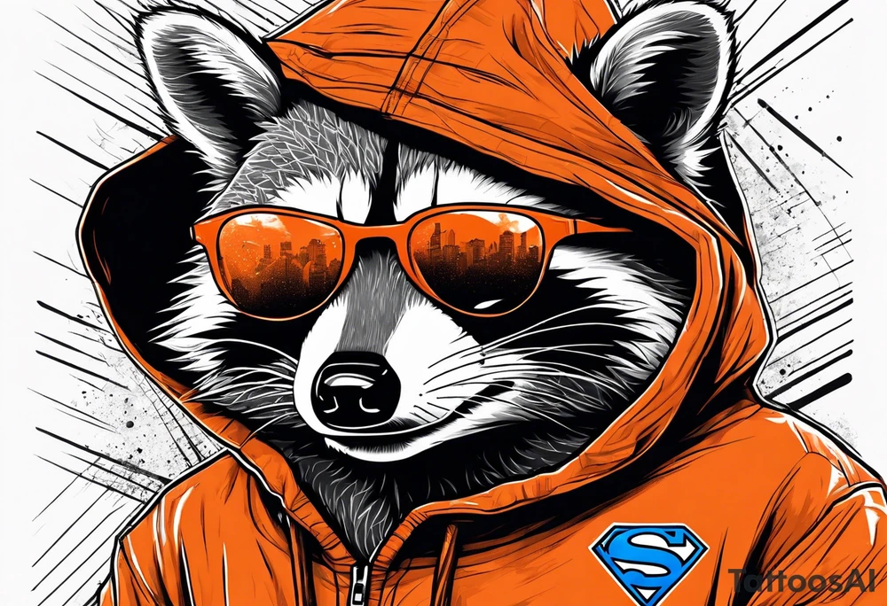 Raccoon wearing an orange Superman hoodie tattoo idea