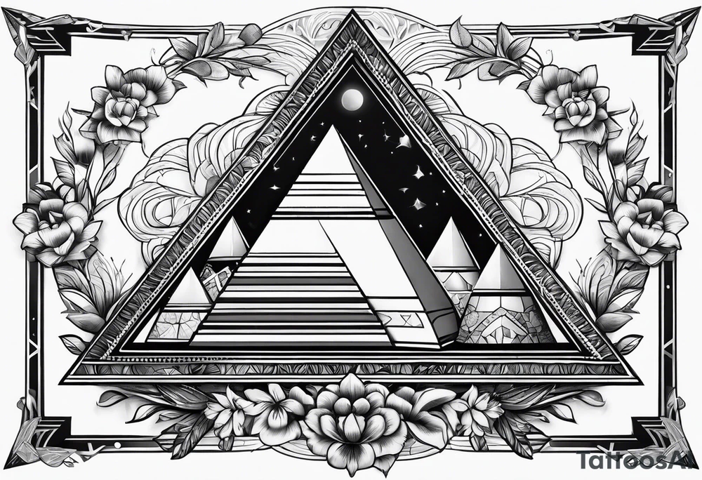 Shoulder cap floral geometric pyramid tattoo idea