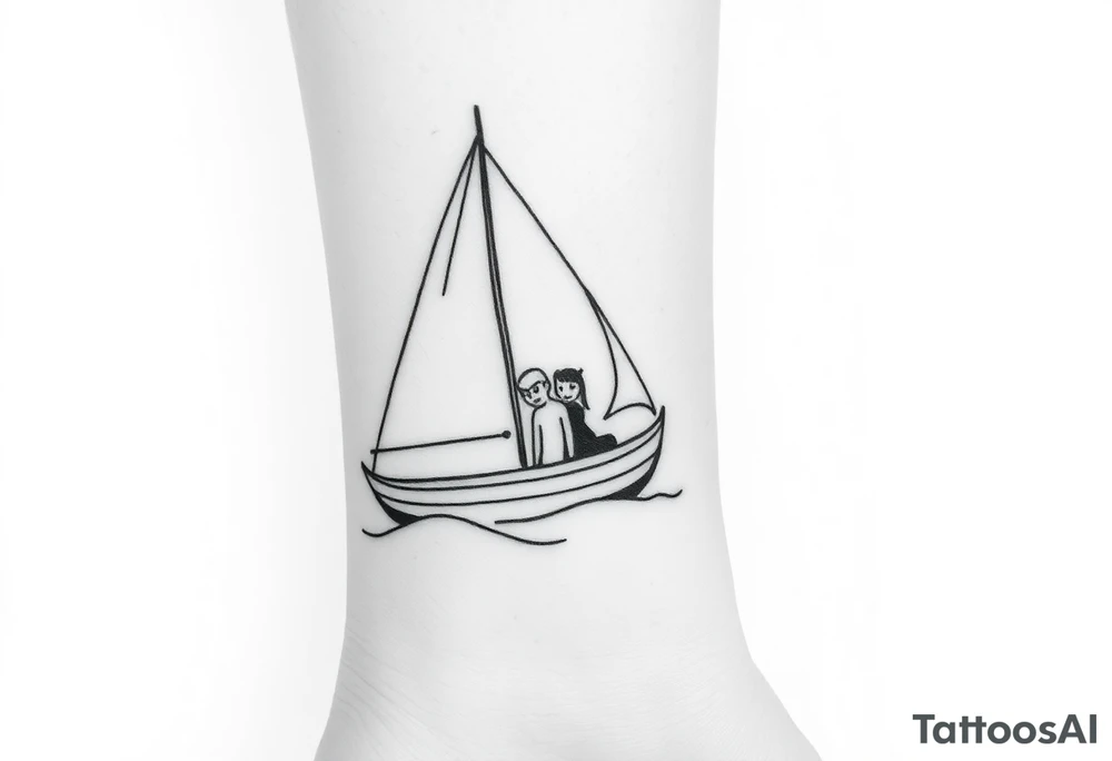 Create a simple sailboat sailing on the ocean. Add a boy and a girl in the boat. Add a heart. tattoo idea