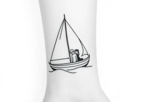 Create a simple sailboat sailing on the ocean. Add a boy and a girl in the boat. Add a heart. tattoo idea