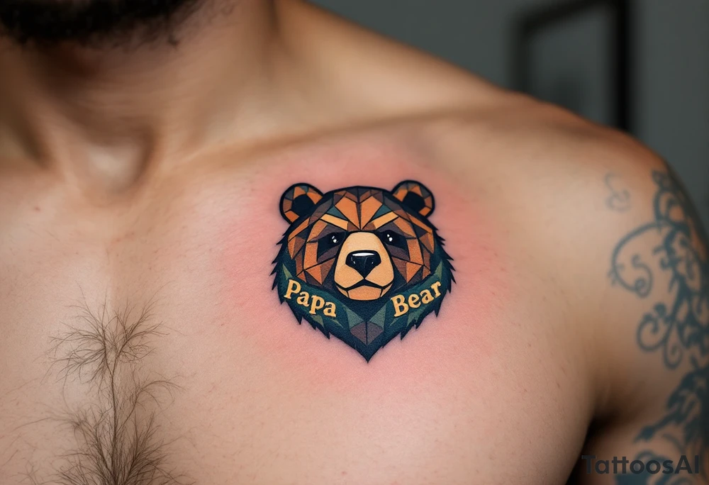 A tiny geometric-style bear on left pack in forest colors with “Papa Bear” etched into the fur. tattoo idea