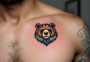 A tiny geometric-style bear on left pack in forest colors with “Papa Bear” etched into the fur. tattoo idea