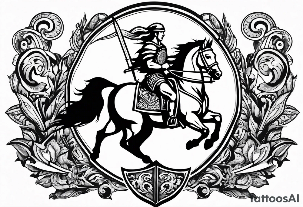 warrior on a horse with a shield and a sword. On his shield I want the word "Love" written tattoo idea