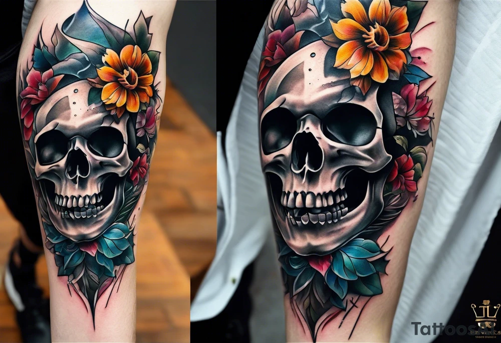 center Knee tattoo with realistic evil skull, various flowers, water and fall colors tattoo idea