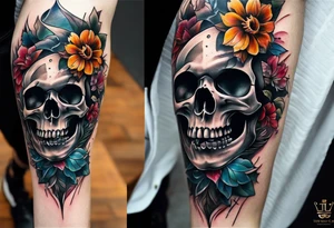 center Knee tattoo with realistic evil skull, various flowers, water and fall colors tattoo idea