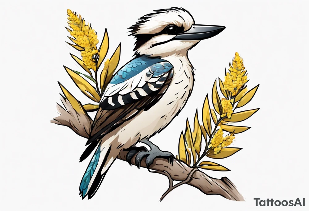 Small kookaburra holding wattle leaves tattoo idea