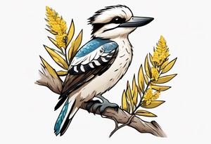 Small kookaburra holding wattle leaves tattoo idea