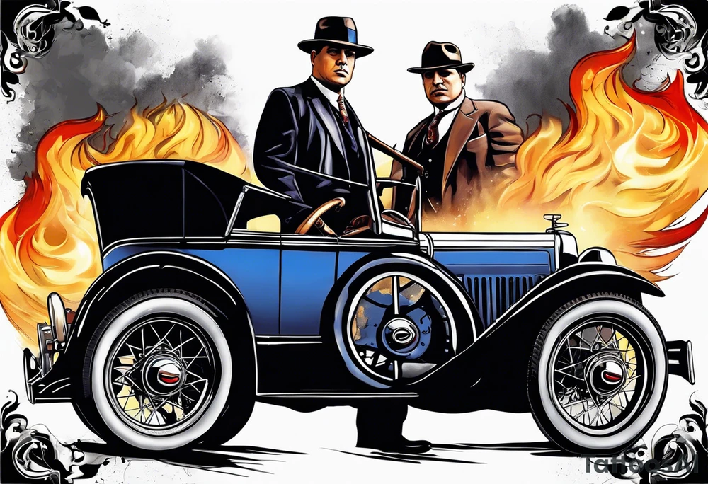 gangsters bonnie & clyde with Al Capone and machine gunns with smoke and fire tattoo idea