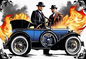 gangsters bonnie & clyde with Al Capone and machine gunns with smoke and fire tattoo idea