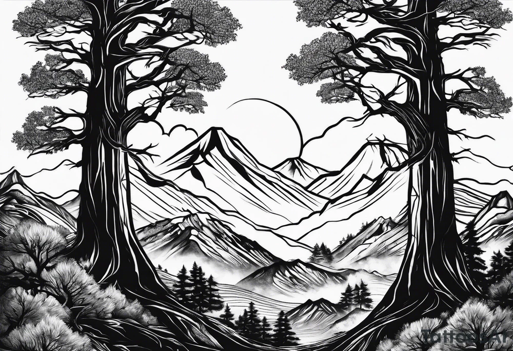 Three mountains three trees with roots tattoo idea