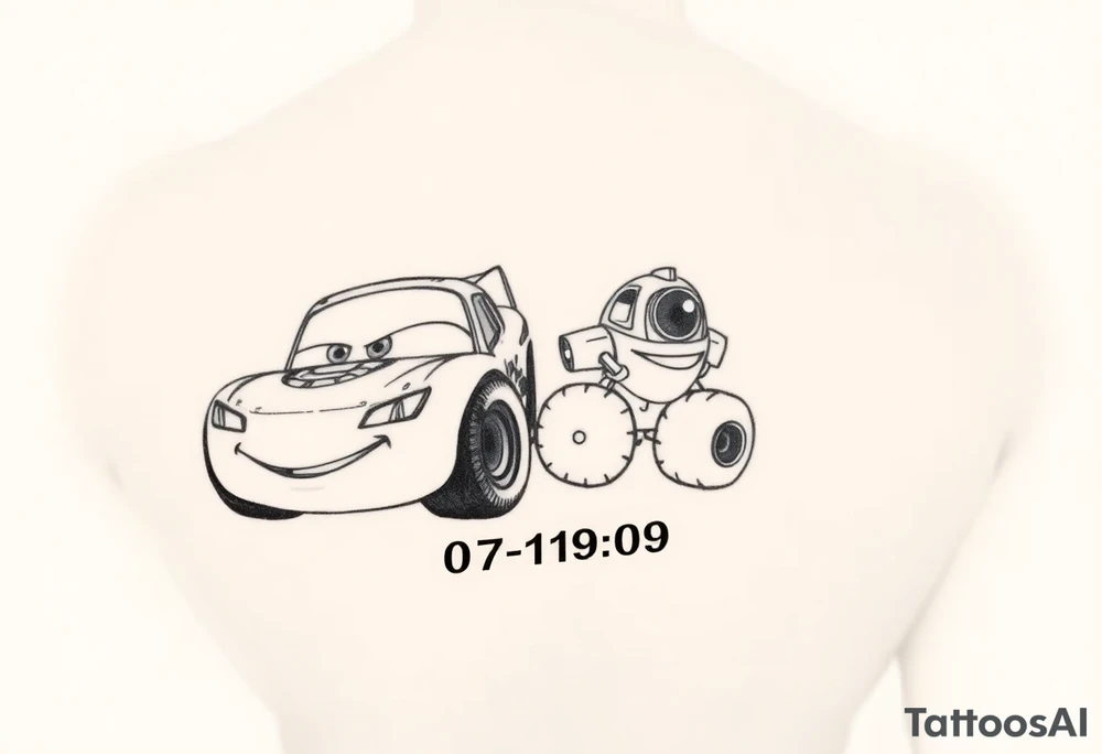 Lighting McQueen, Dusty Crophopper, Turbo with the name Titan and birthday date 07/19/09 tattoo idea