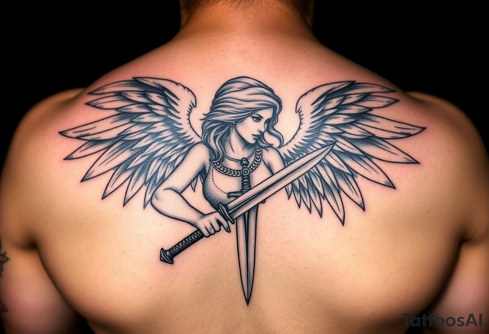 Fierce Female Angel warrior with dagger Greek mythology style with dark shading tattoo idea