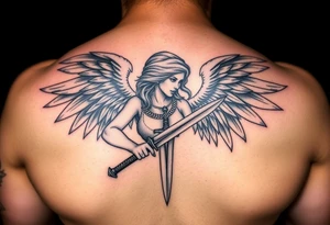 Fierce Female Angel warrior with dagger Greek mythology style with dark shading tattoo idea