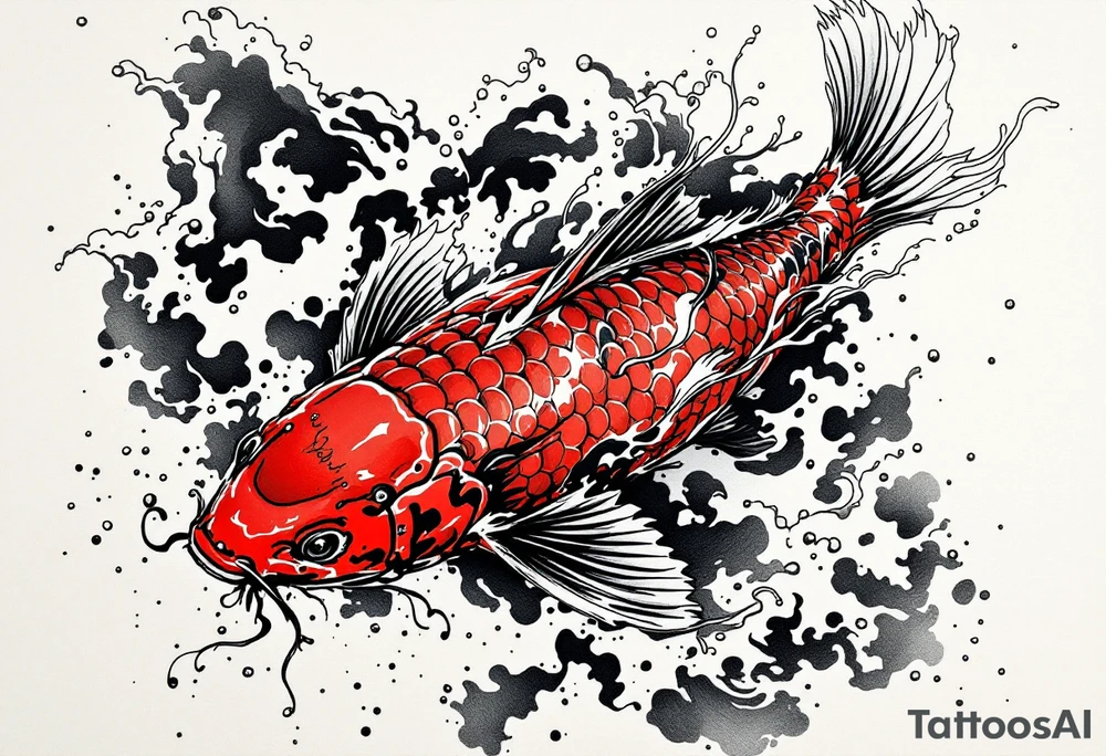 Red and Black Koi Swimming Upstream – A powerful koi in vivid red and inky black tones, symbolizing perseverance and courage, set against swirling water currents. tattoo idea