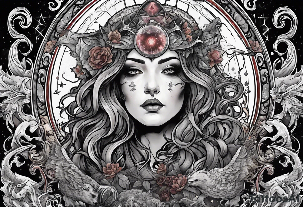 Beautiful Eldridge horror creature, astrology scene tattoo idea