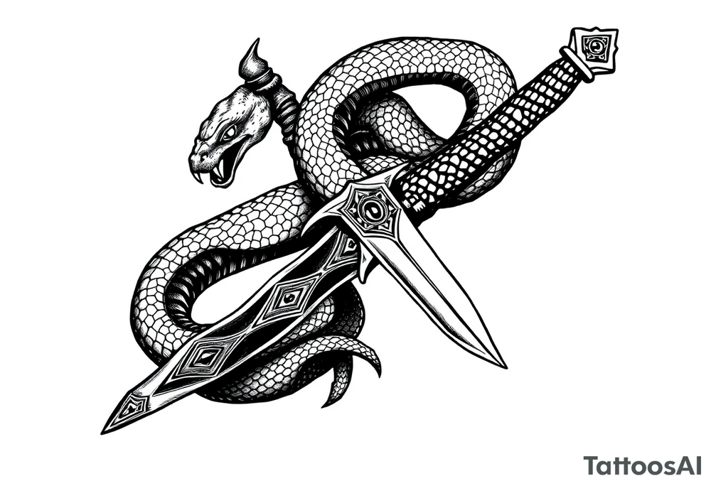 mystical snake coiled around an ancient dagger with jeweled hilt tattoo idea