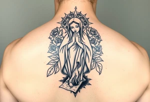 Mother mary with roses around her head, and a burnt up paper under her feet tattoo idea