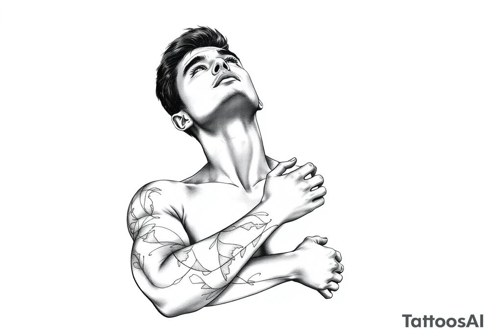a naked man coveing his eyes and mouth and looking up the sky tattoo idea
