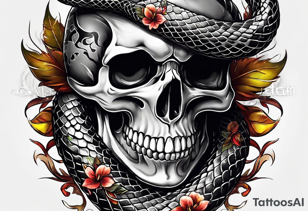 Snake intertwined into a realistic skull coming through the eye ready to strike tattoo idea