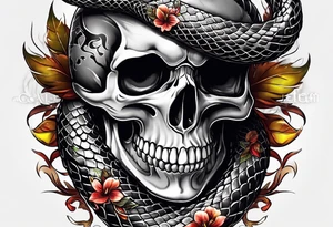 Snake intertwined into a realistic skull coming through the eye ready to strike tattoo idea