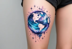 A galaxy-inspired planet Earth with continents in swirling blues and violets floats in space with tiny white starbursts. tattoo idea