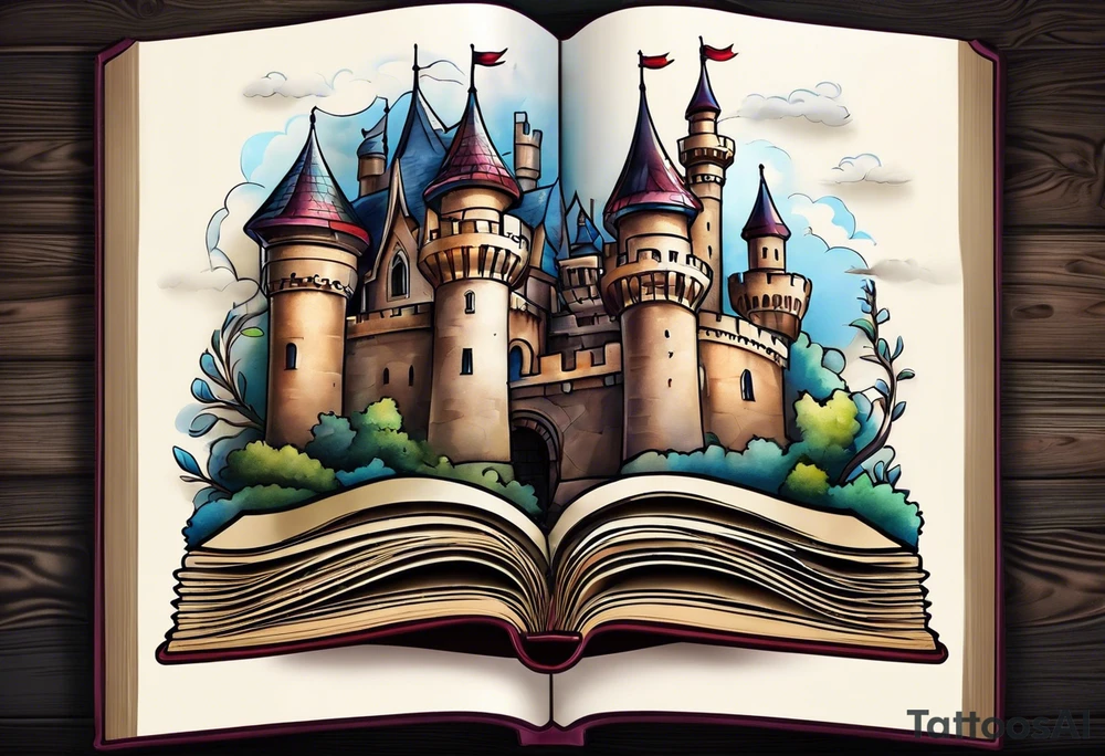open book with castle tattoo idea
