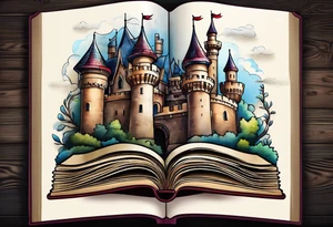open book with castle tattoo idea